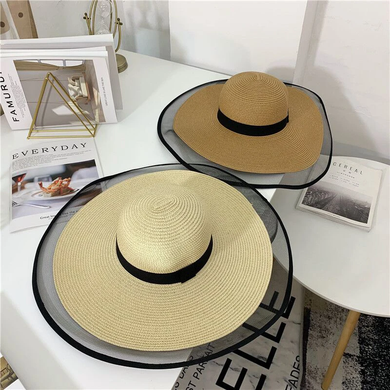 2021 New Sun Hats For Women Girls Wide Brim Floppy Straw Hat Summer Bohemia Beach Cap Ribbon Chapeau Black
