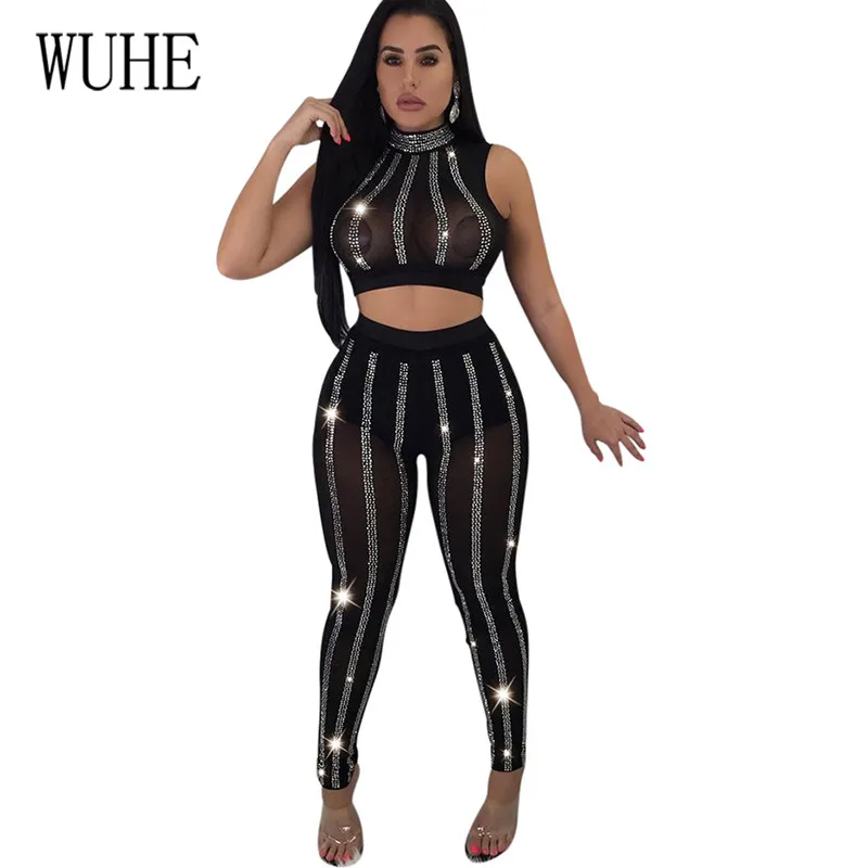 

WUHE Sparkly Rhinestones Sexy Party Jumpsuits Elegant Two Pieces Sets See Through Bodycon Overall Fashion Plus Size XXL Rompers