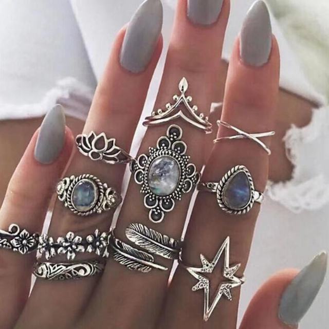 Butterfly Moon Joint Ring Sets for Women Men Boho Lotus Shell Heart Wing Geoemtric Rhinstone Jewelry Anillo