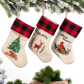 

10"Burlap Christmas Stocking With Christmas Tree,Little Bird, Reindeer, Country Fireplace Hanging Handmade Xmas Stockings