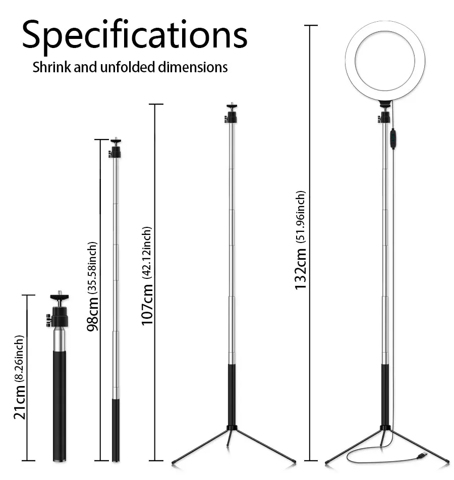 Светодиодная кольцевая лампа с регулируемой яркостью для селфи,фотосъемки, Yutube Live Video Makeup.3500 K-5500 K, с штативом, телефонным держателем и USB кабель