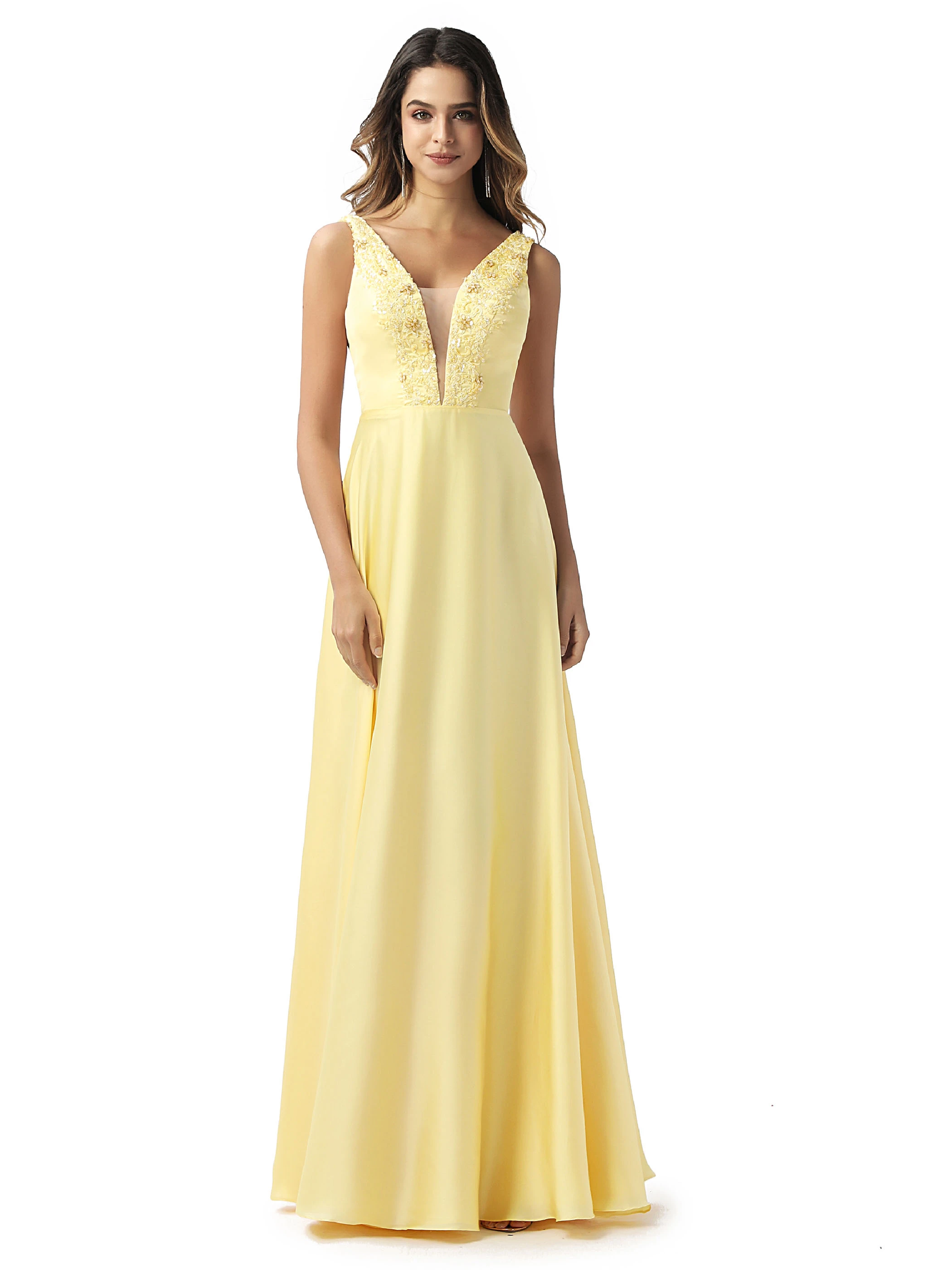 Dressv Elegant Daffodil Prom Dress V Neck A Line Sleeveless Floor Length Zipper Up Evening Party Formal Gowns Prom Dresses ball gown prom dresses