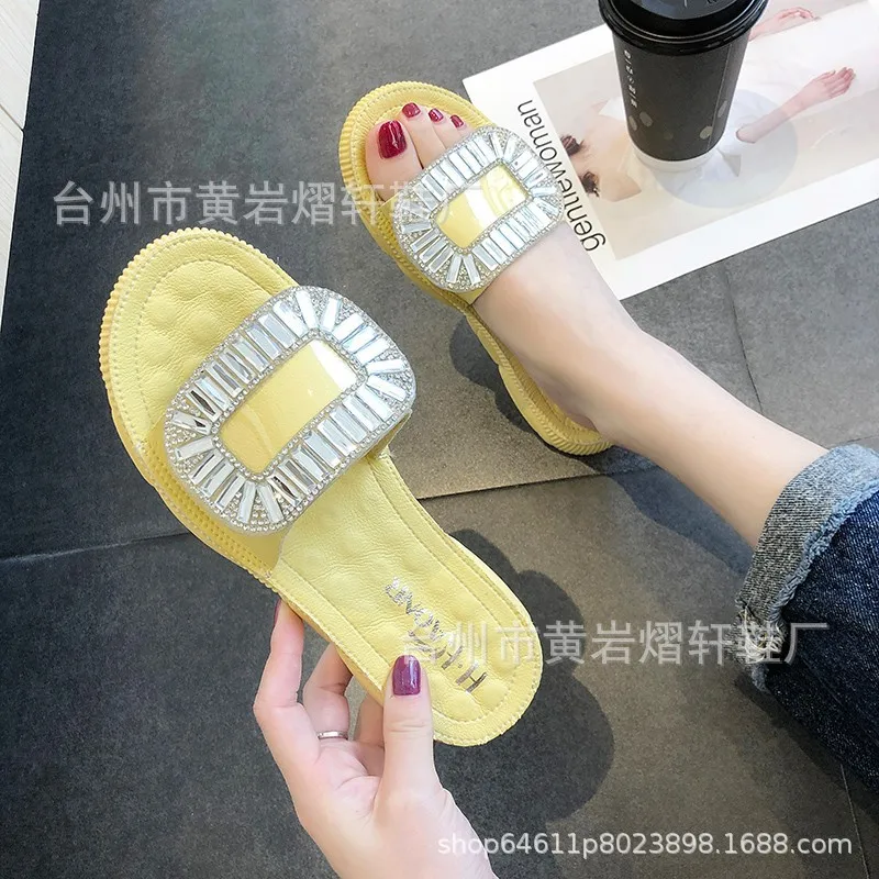 

Online Celebrity Slipper Women's Outer Wear Korean-style Man-made Diamond A- line Open Toe Flat Sandals Women's 2019 Summer New