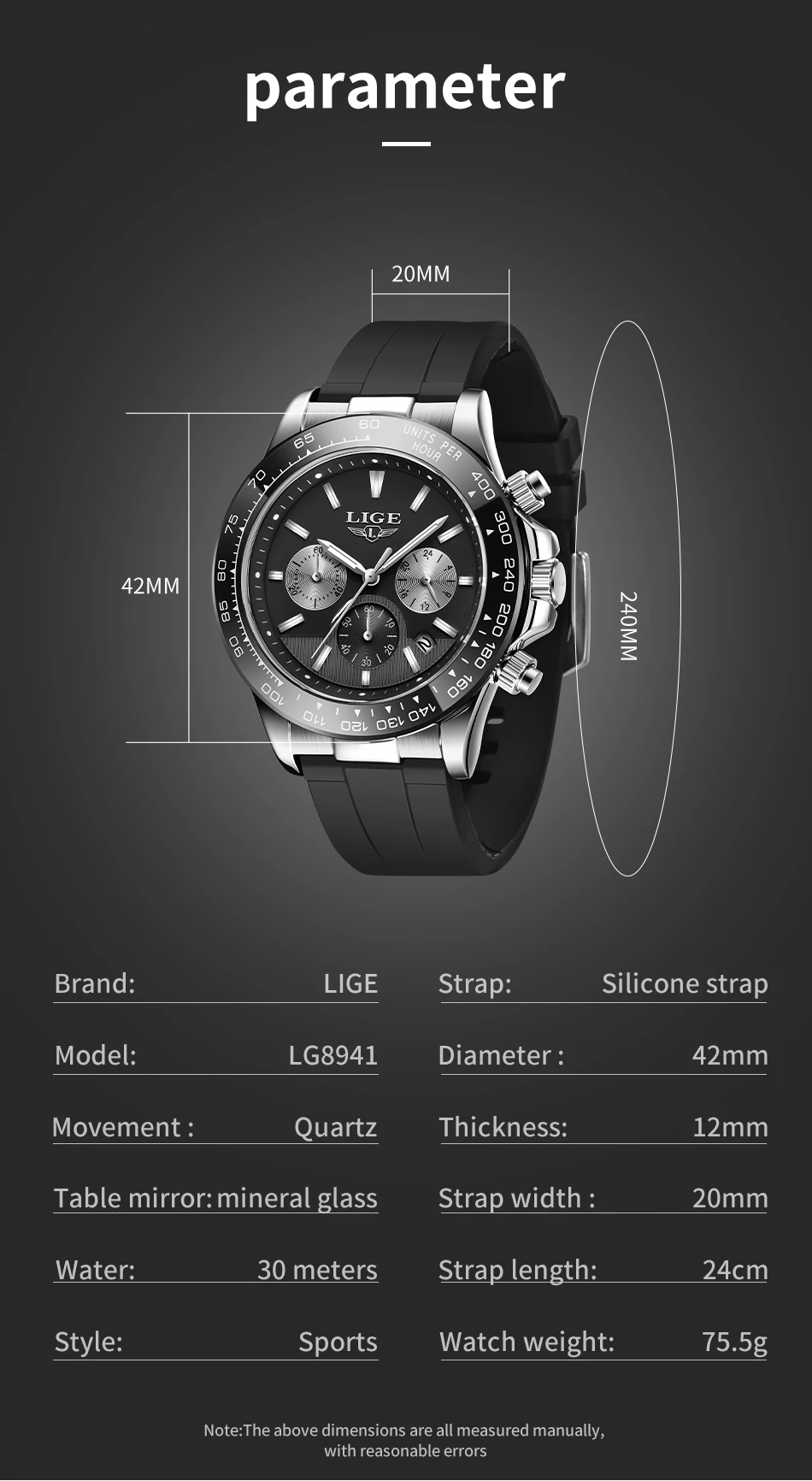 LIGE Luxury Brand Watch Men Casual Quartz Chronograph Big Dial Wristwatch Silicone Band Sport Waterproof Clock Relogio Masculino