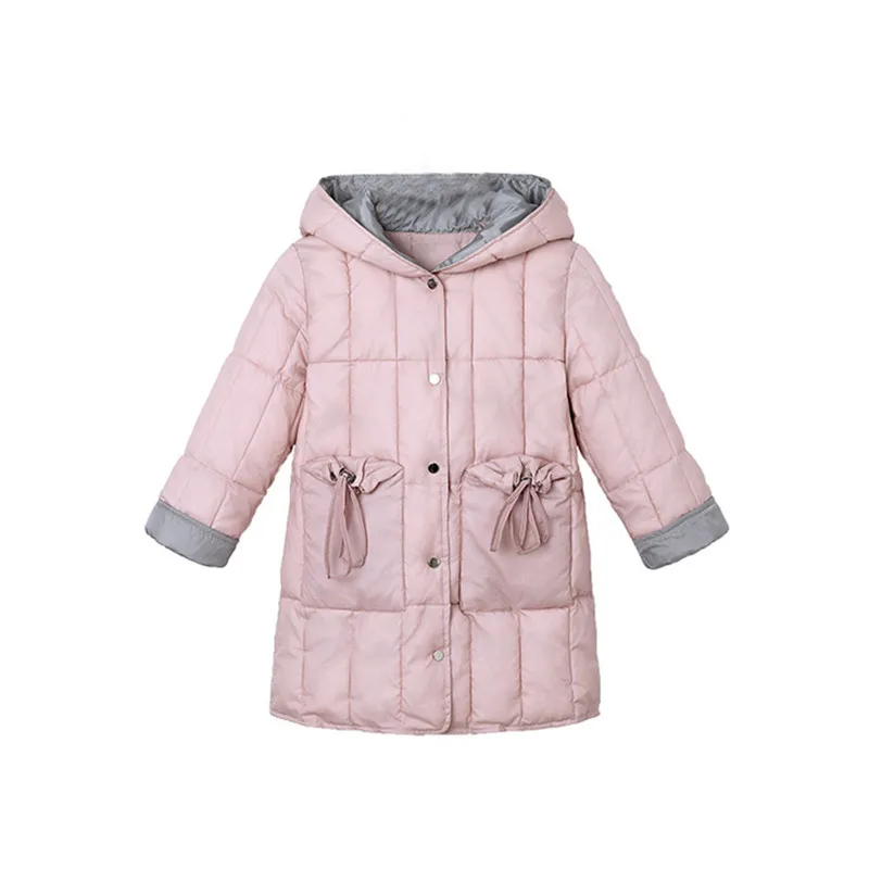 Детская зимняя куртка; однотонные теплые куртки с капюшоном на пуговицах для девочек; верхняя одежда; пальто средней длины; пуховик;#4S11 - Цвет: Розовый