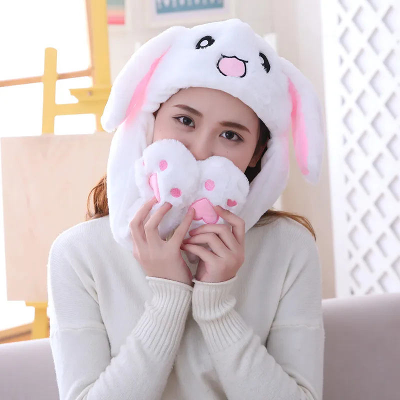 【Happier】 Girls Bunny Pinch Airbag Funny Hat Women Ears Hat Hand Plush Moveing Jumping Caps Children's Cartoon Stich Creative Cute Cap. 