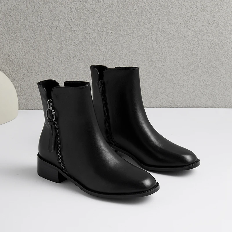 

INS hot Women boots natural leather upper ankle boots for women short boots for autumn and winter Solid color double zipper