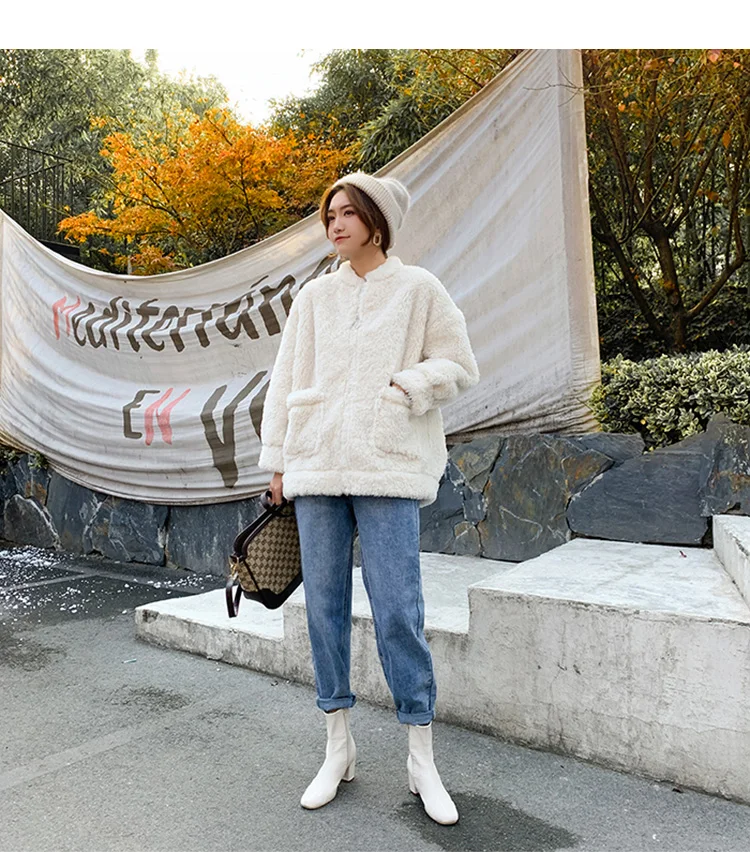 TXJRH, Корея, мохнатая куртка из искусственного меха ягненка с карманами, куртка на молнии, пальто, модная Милая женская плотная теплая верхняя одежда, топы, 2 цвета