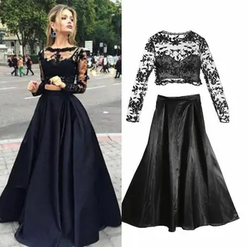 

Summer Women Long Sleeve O-neck Lace T-shirt Top+ Long Skirt Formal Clothes 2Pcs Set