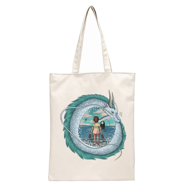 Spirited Away Faceless  Print Reusable Shopping Bag Women Canvas Tote Bags Printing Eco Bag Cartoon Shopper Shoulder Bags N2057K