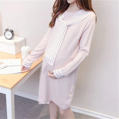 Pregnant autumn fashion long coat loose stitching color bottoming shirt knit dress comfortable soft pregnant long sweater
