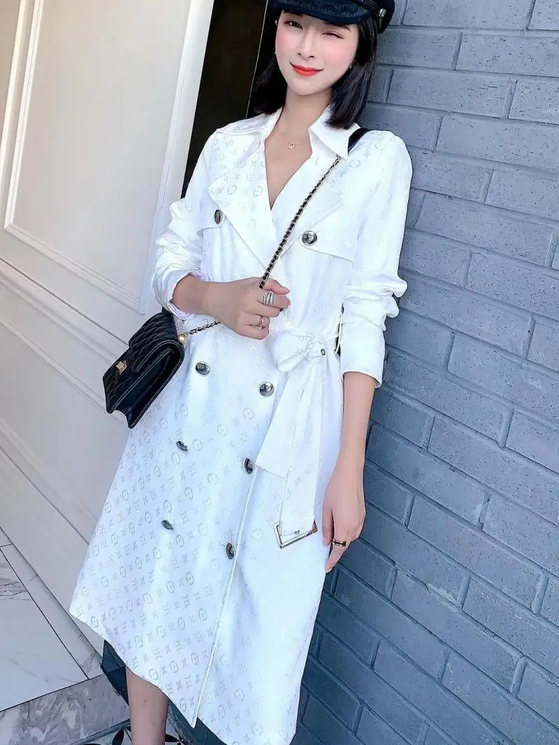 

2019 Autumn New Style British-Style Fashion Loose Waist Hugging Double Breasted White with Printed Pattern Trench Coat Coat Mid-