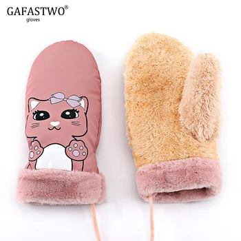 

2019 New Winter Ski Gloves Ladies Fashion Outdoor Windproof Waterproof Plus Velvet Cat Hanging Neck Down cloth Warm Mittens
