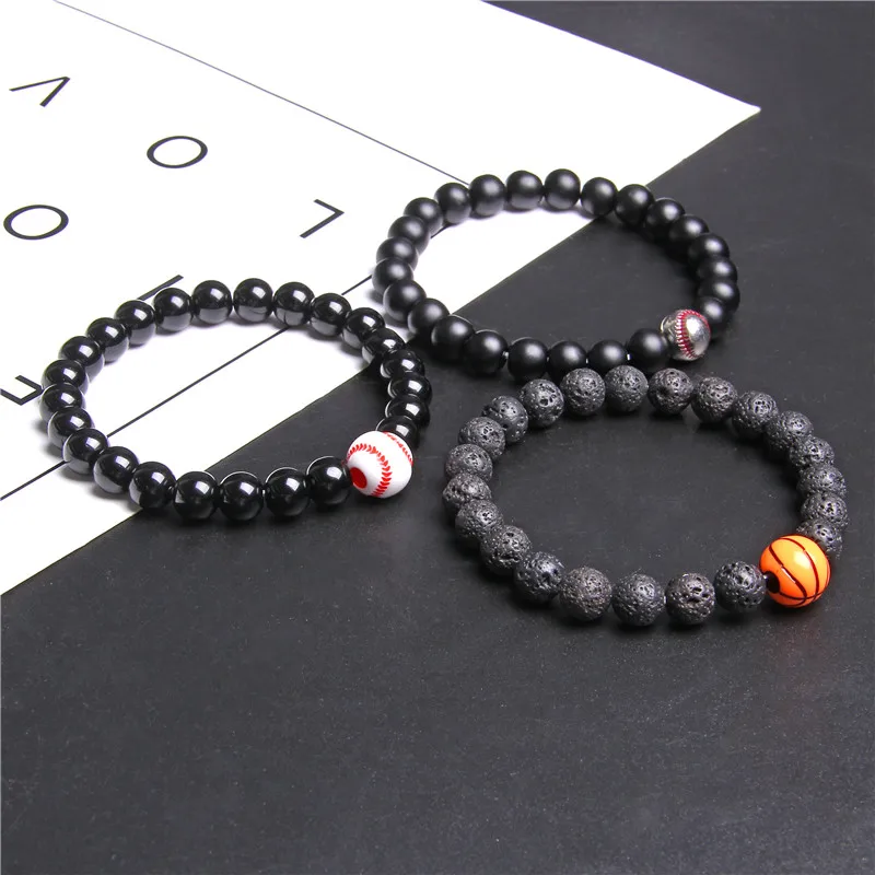 Basketball Charm Bracelets For Man Natural Polished Black Agat Beads Bracelet Gold Alloy Ball Bangle For Sports Women Jewelry