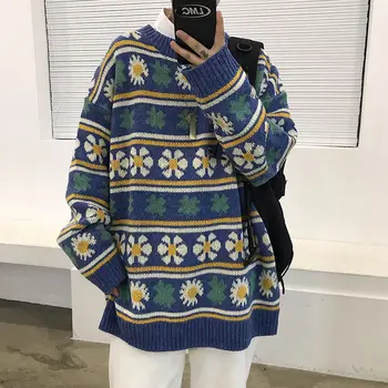 

Winter Flower Sweater Men's Warm Fashion Casual Knitted Pullover Men Clothes Streetwear Wild Loose Couple Knitting Sweaters