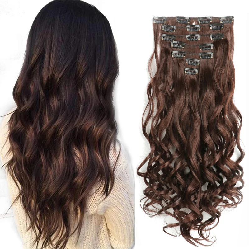 16clips Hairpiece Body Wave Synthetic Hair Extensions Clips in High Temperature Fiber Black Brown Women | Шиньоны и парики