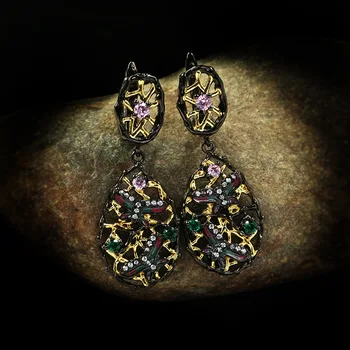 

CHARLINLIOL Vintage Bohemia Jewelry S925 Silver Retro Ethnic Hollow Leaf Butterfly Black Gold Dangle Earrings Africa Jewelry