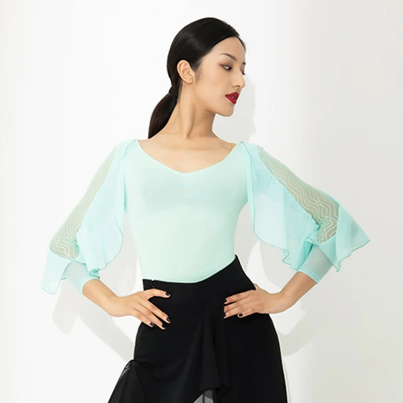 Summer Ballroom Dancing Performance Costume Female Ruffle Sleeve Tops
