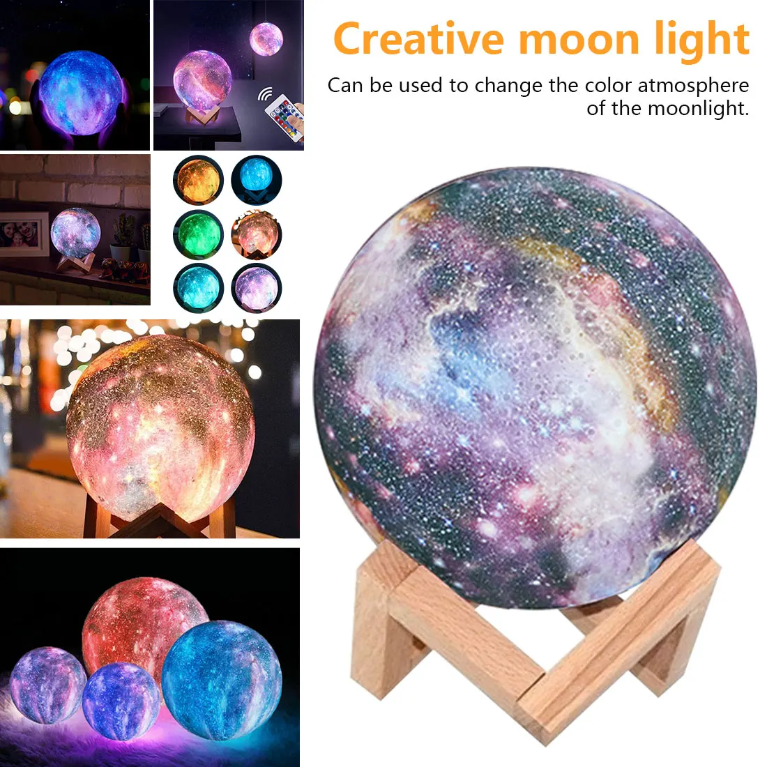 

16 Colors 3D Printing Moon Light Upgraded USB Charge Moon Light Touch Sensor with Remote Control and Wooden Stand Gifts