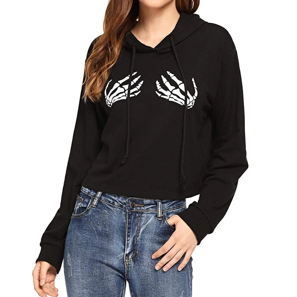 JAYCOSIN Fashion Women Casual Simple Sweatshirt Halloween Ghost Claw Print Long Sleeve Comfortable Popular Soft Crop Top Hoodie