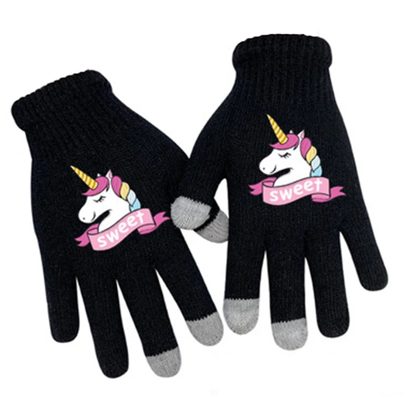 Осенне-зимние женские вязаные термоперчатки, вязаные плюс бархатные утолщенные перчатки с единорогом на открытом воздухе