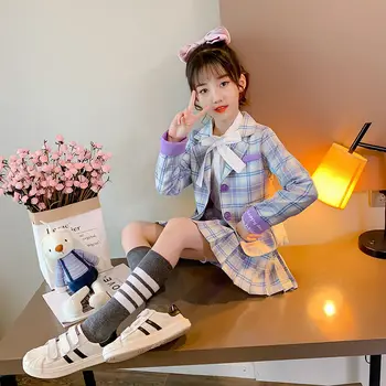 

2020 Autumn Winter Fashion Baby Girl Clothing Set 2pcs Jacket+Skirt Children Plaid Suit Blazer Kids Outfit Girls Clothes W791