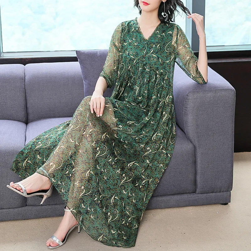 

Swinging Skirt 2019 Spring Clothing New Style V-neck Slimming High-waisted Loose Fashion Floral Printed Dress Women's