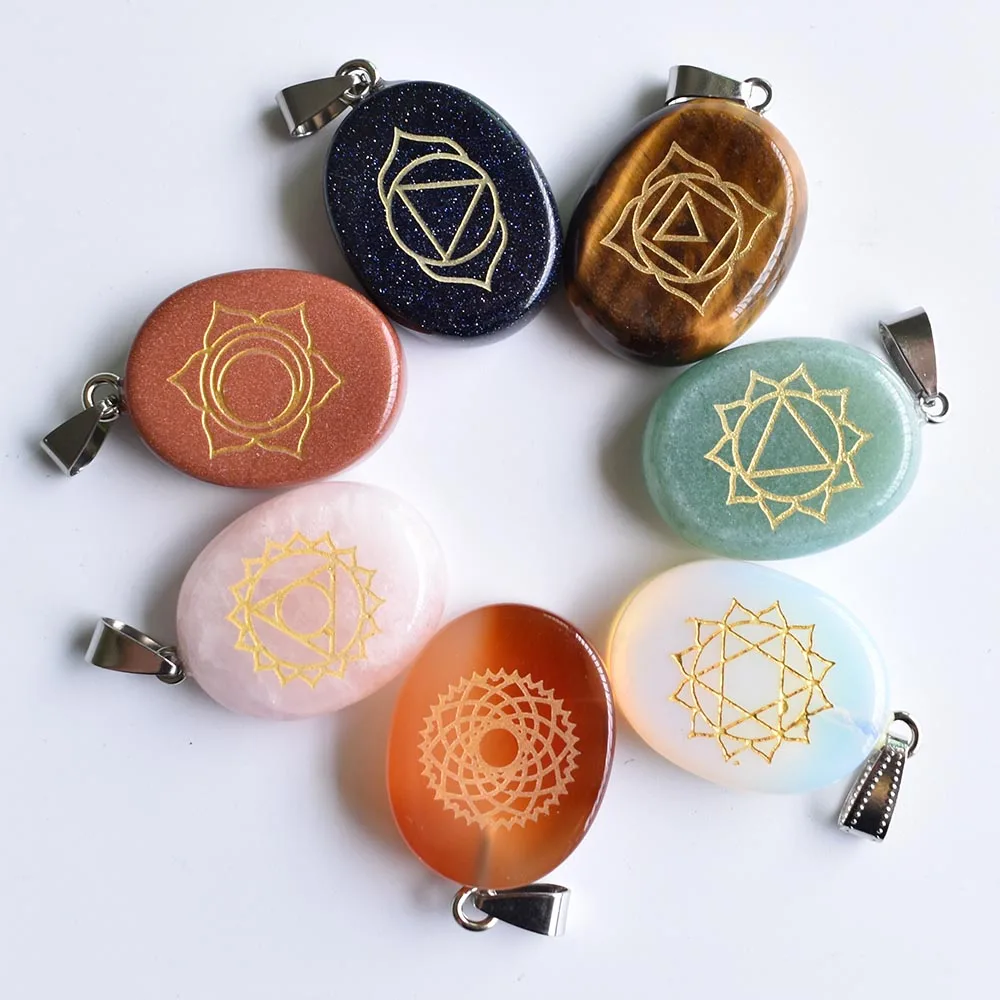 

Wholesale 7pcs/lot new Natural stone mix seven chakras patten carved oval pendants for jewelry accessories making free shipping