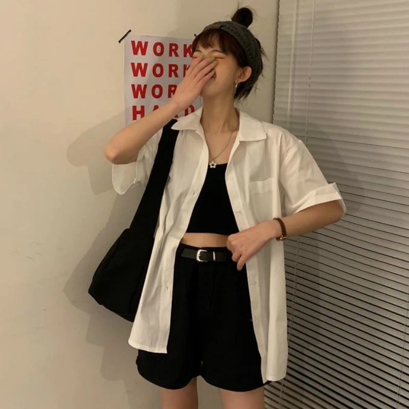 Shirts Women Short Sleeve blouses Solid Bf Oversize Loose Turn Down Collar College Simple Womens All-match Harajuku 2020 Summer women's denim shirts & tops