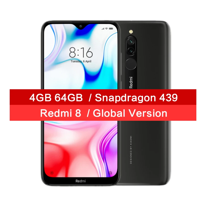 Мобильный телефон Xiaomi Redmi 8 с глобальной версией, 4 ГБ, 64 ГБ, Восьмиядерный процессор Snapdragon 439, 12 МП, камера AI, 5000 мАч, быстрая зарядка, мобильный телефон CE - Цвет: Black 4GB 64GB