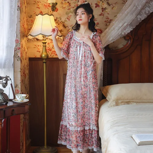 꽃 프린트 나이트 드레스 여성 모달 메쉬 레이스 롱 Peignoir Princess Sleepwear 로맨틱 나이트 가운 Vintage Victorian Nightie 3