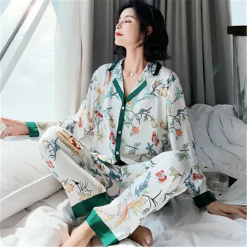 

Daeyard Overall Print Floral Pajama Set 2020 Spring Autumn Fashion Homewear Women Silk Long Sleeve Pyjamas Soft Sleepwear PJ Set