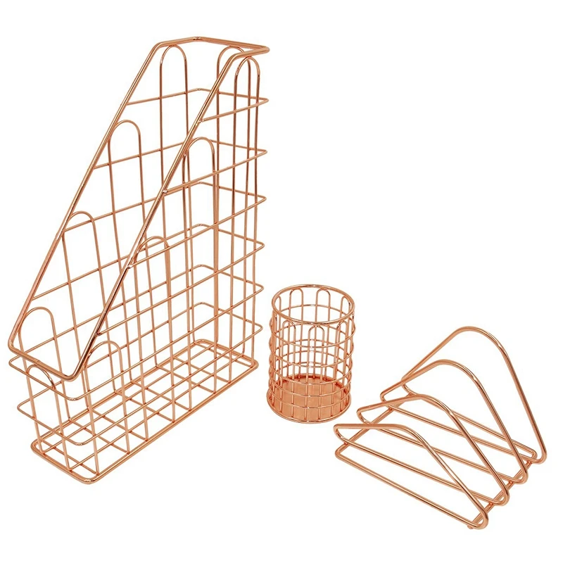 Розовое золото проводной Металл 3 в 1 стол Канцелярский набор Органайзер, Письмо сортировщик держатель для карт, подставка для ручек и карандашей, вертикальный файловый Органайзер