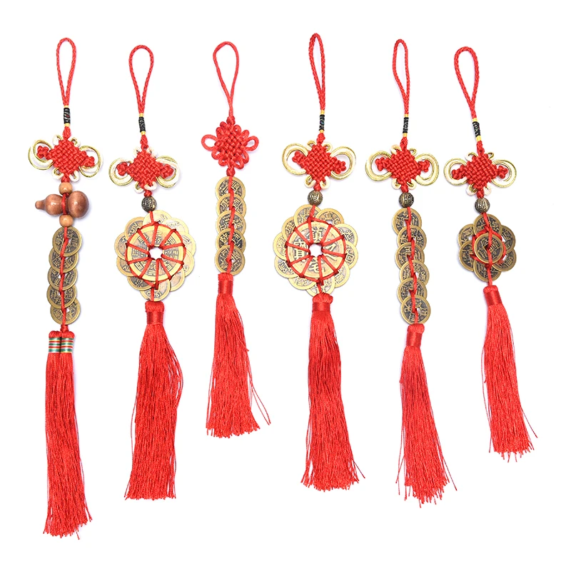 Traditional Chinese Emperor Money Lucky Charm Ancient Coin Red Chinese Knot Collection Gift Copper Coins Keychain Good Fortune