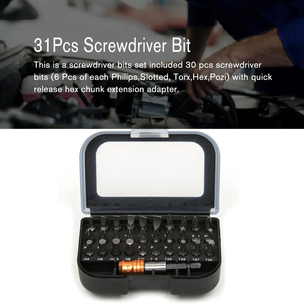 31Pcs Screwdriver Bit Set Slotted/Philips/Pozi/Hex/Torx Head with 60mm Quick Release Hex Chuck Extension Adapter