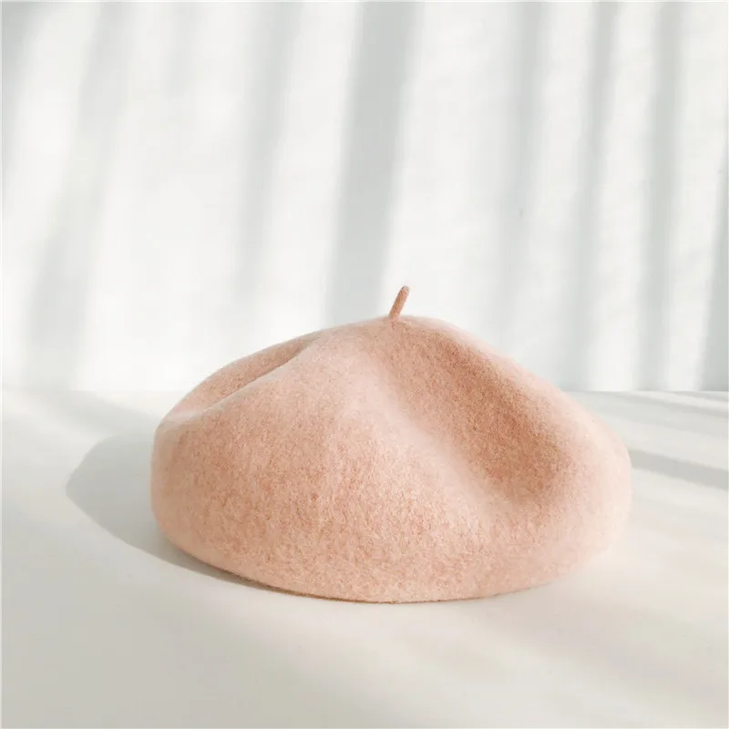 Pink Новинка, женские Зимние береты, шляпа в стиле художника, Женская шерстяная шляпа, винтажные береты, одноцветная шапка, женская шапка, теплый берет для прогулок - Цвет: Pink