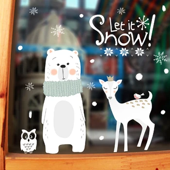 

Christmas Posters Glass Sticker Shopping Mall Shop Window Door StickerS Cartoon Bear Deer Snowflake Wall Decals