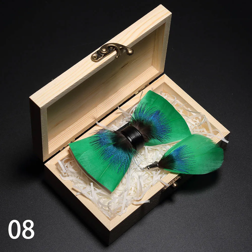 Ricnais ручной работы из натурального пера галстук-бабочка набор зеленый черный птица дизайн брошь галстук-бабочка Мужская Свадебная коробка подарок - Цвет: 08