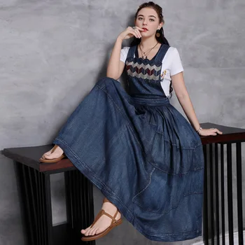 

Denim Maxi Dress Women Baggy embroidery shor Jeans Dresses Female Casual Strap Vintage Oversize Big Pocket Cowboy Dress Vestidos