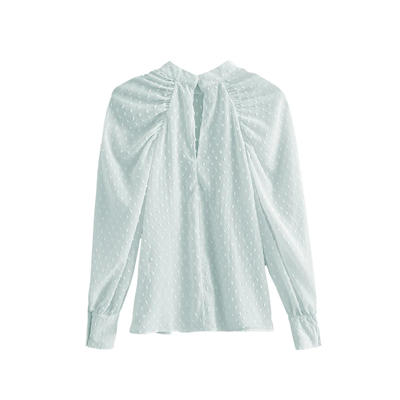 Aachoae Elegant Dots Emebroidery Transparent Blouse Women Puff Long Sleeve Pleated Blouses Ladies Sexy See Through Shirts Tops