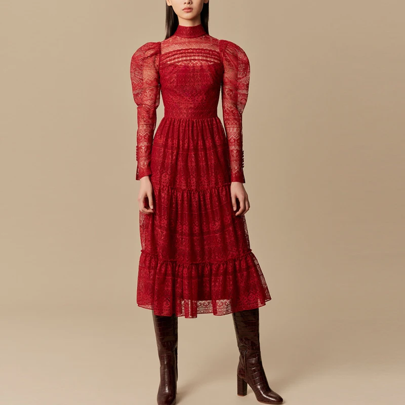 

HAMALIEL Runway Designer Autumn Lace Party Dresses Fashion Women's Red Puff Sleeve Holow Out Midi Elegant Stand Collar Vestidos