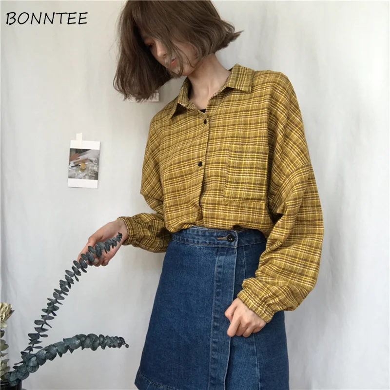 Ceny Koszule damskie 2019 klasyczne Retro eleganckie puchowe kieszenie z kołnierzykiem Plaid koszulka damska z pełnym rękawem luźne rekreacyjne dziewczyny w stylu koreańskim