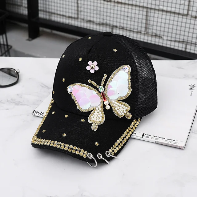 New High-Quality Fashion Butterfly Print Baby Cotton Baseball Cap With Brick Mosaic Ladies Beautiful Girl Hip-hop Mesh Hats Butterfly Black- Net