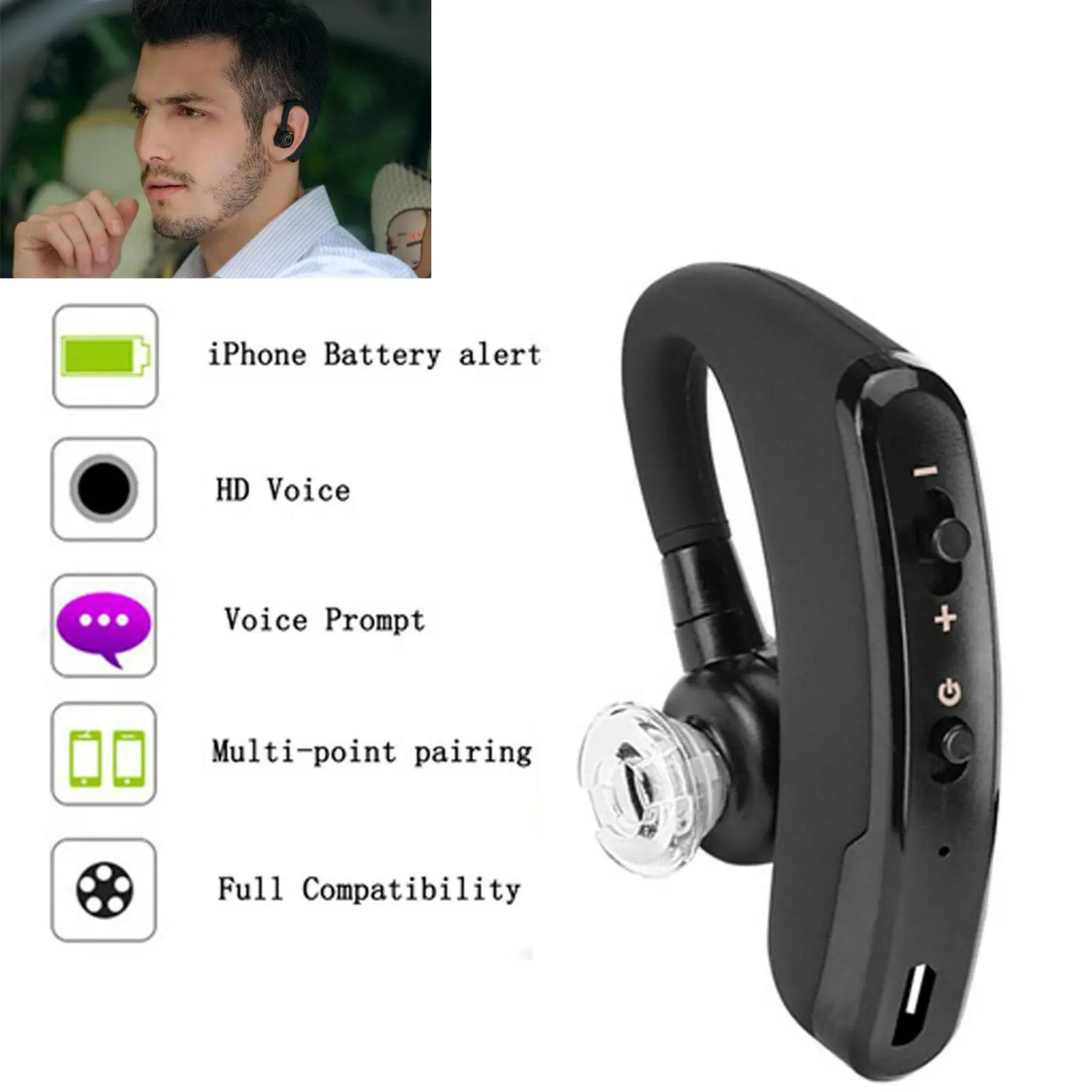 Wireless Stereo Earphone Bluetooth Headset Earpiece Noise Cancelling for LG V40 V30 V20 iPhone XR XS X Samsung S20 S10 S9 S8