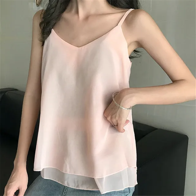 Korean Fashion Chiffon Women Tops Woman V-Neck Vest Blouse Top Summer Women Sleeveless Top 2022 Blouses Pink