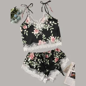 

3PC printed pajamas set women's satin lace silk sling shorts thong suit printed pajamas Lace satin pajamas set пижама женская 30