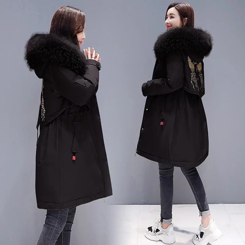 

Winter New Style Thick Cotton-padded Clothes Women's Mid-length Large Fur Collar Lace-up Waist Hugging Embroidered Big Brand Par