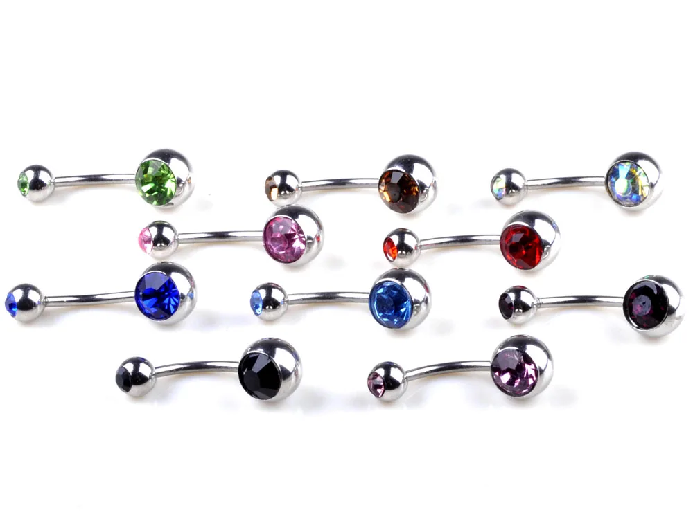 Belly button rings with single crystal rhinestones