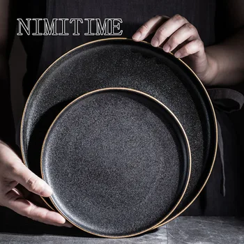 

1PC Nordic Style Household Ceramic Dish Matte Western Dish Tray Steak Plate Round Flat Black Plate Tableware Plate
