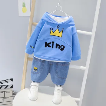 

2020 Autumn Children Kids 2Pcs Suits Baby Girls Crown King Hooded Hoodies Tops + Denim Trousers Jeans Boys Casual Clothing Sets
